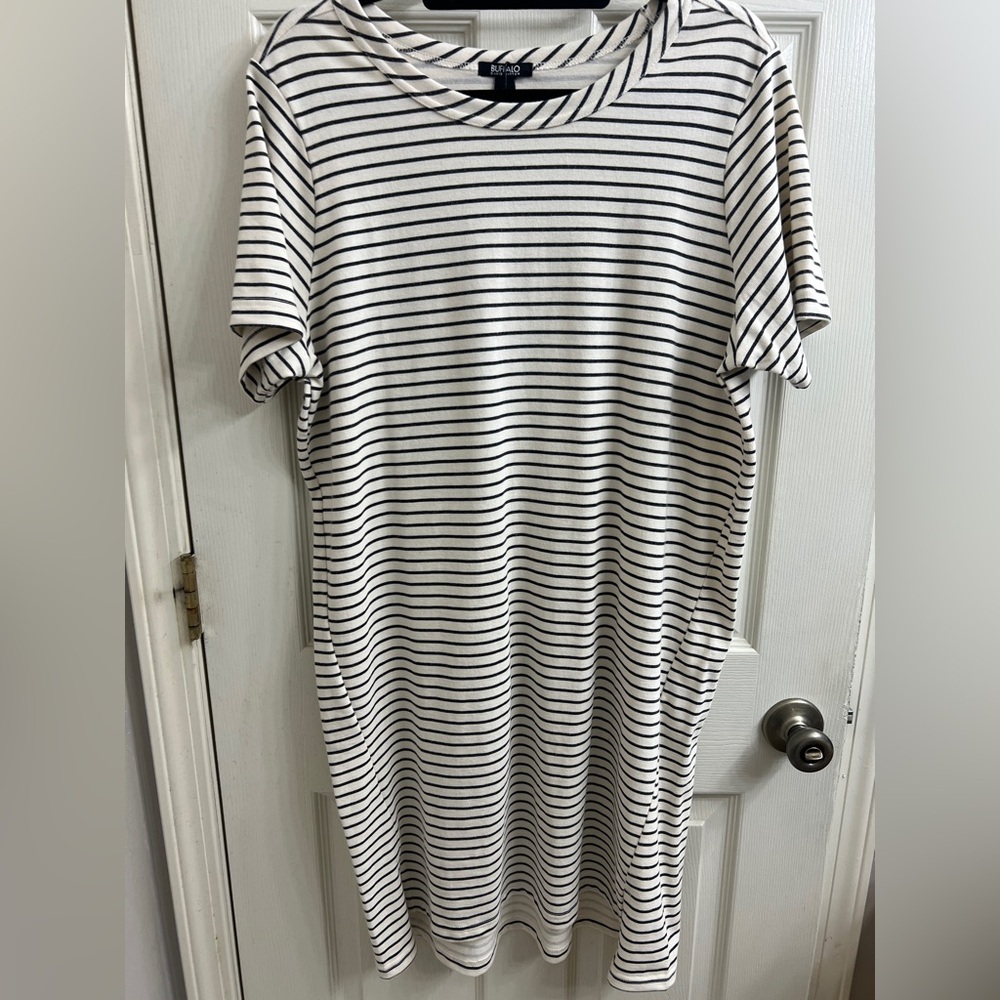 NWT Buffalo David Bitton Black White Striped T-Shirt Dress Women's L